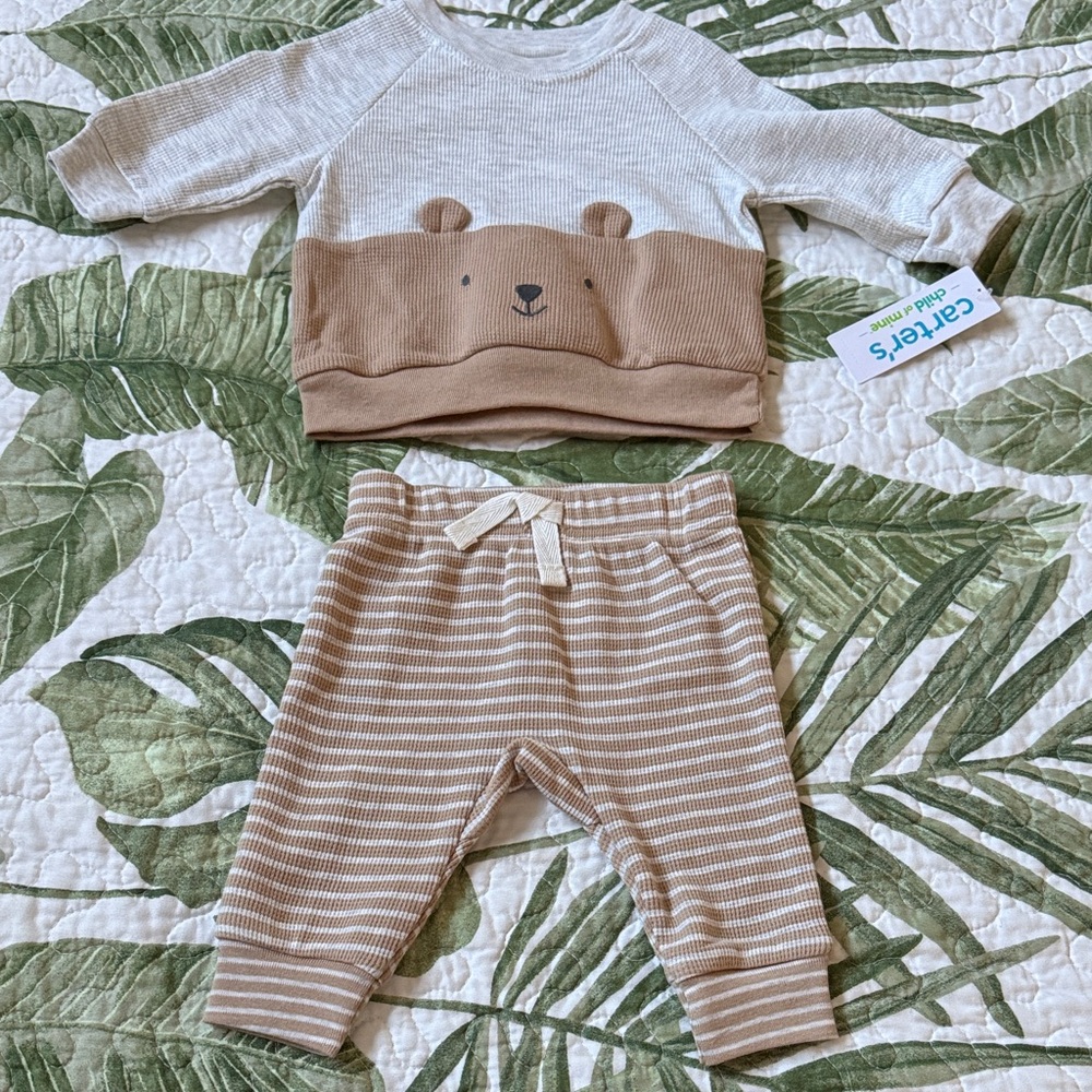 Carter's Tan Bear Ears Top and Striped Pants Outfit